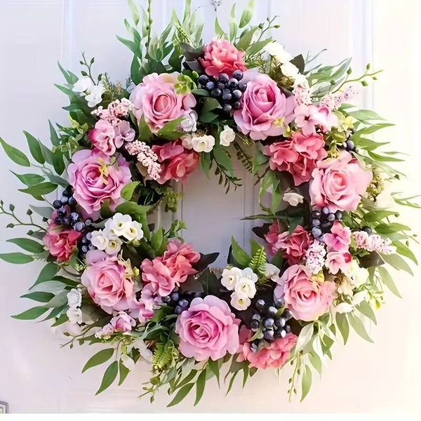 Elegant Rose Berry Wreath| An Artificial Floral Arrangement Made With Pink Roses, White Flowers, And Green Leaves, Flawless In Its Execution