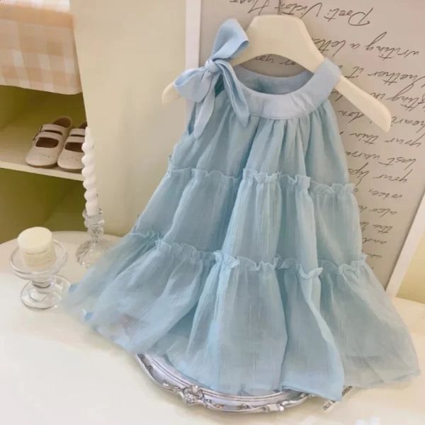 Korean Version Fashion Solid Color Summer Girls Sweet Bow Decoration Halter Princess Dress 1 Pc 2-7 Years Kids Casual Wear 260626