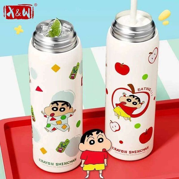 X&W Crayon Shin-Chan Insulated 316 Stainless Steel Vacuum Flask Cartoon Double Drinking Straw Cup Kids Thermal Water Bottles J260627