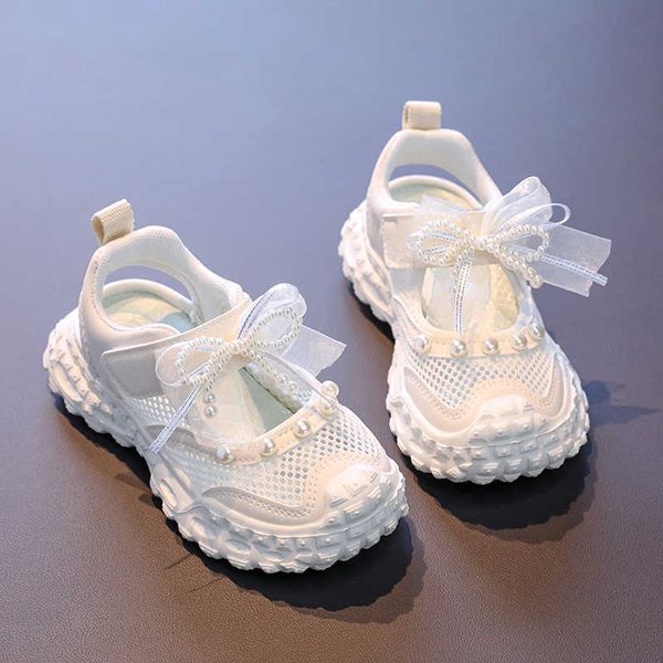 Sneakers Sweet Decoration Pearl Bowknot Girl 2025 Autumn Breathable Mesh Hollow Out Sports Shoes Soft Thick Bottom Running Shoes