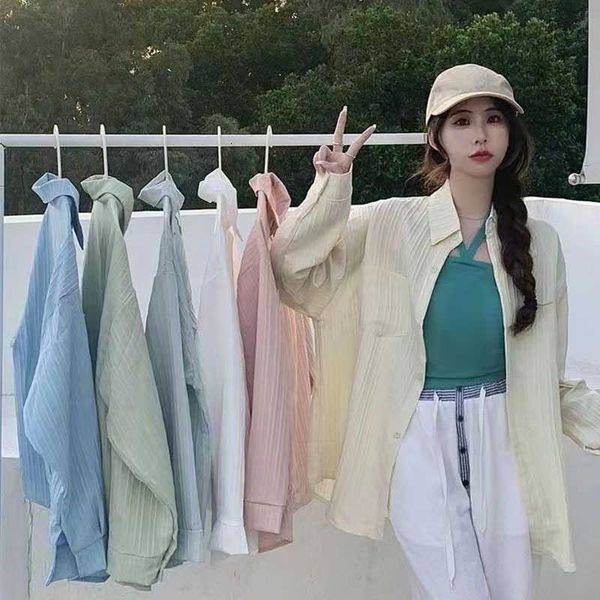Shirts Solid Colour Striped Casual Woman Summer All-match Loose Thin Shirt Coat Female Harajuku Long Sleeve Sun-proof Blouses