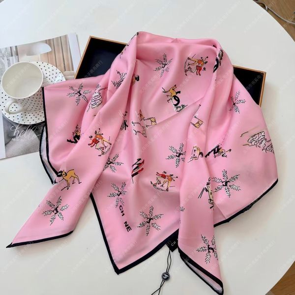 Ski series high-end new 90CM square with fashionable snowflake cartoon print, versatile silk scarf shawl