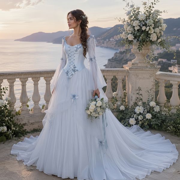 Vintage Celtic Corset A-Line Wedding Dresses Fairy Boho Long Bridal Gowns Flare Sleeve 3D Blue Flower Appliques Victorian Bride Dress Custom Made