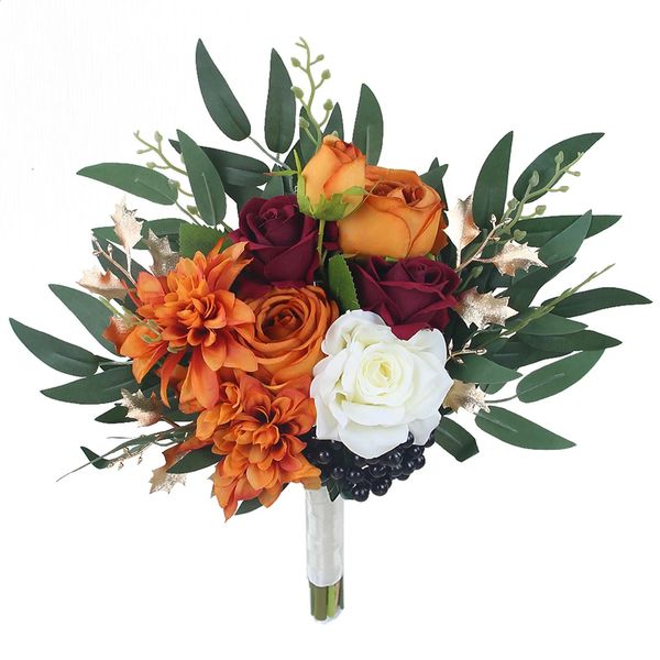 Bridal Wedding Bouquets Roses Artificial Flowers Bouquets Fall Wedding Decor Bride Burnt Orange Bridal Bouquet For Wedding 260627