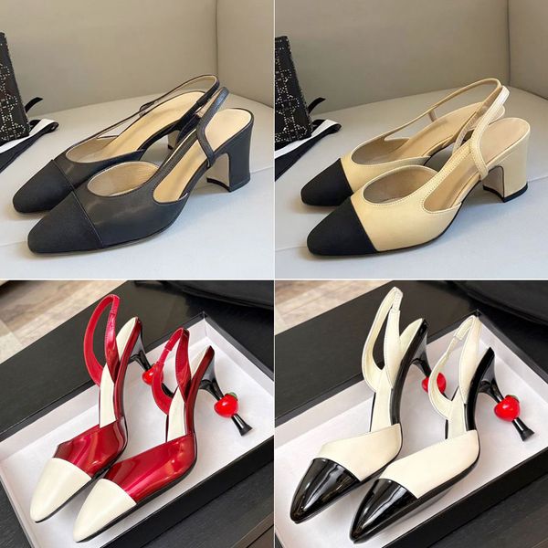 top Quality Classic leather Kitten heels Slingback thick Sandals pumps 6.5cm Chunky block heels Dress shoes Women's luxury designers Sandals women's Wedding With box