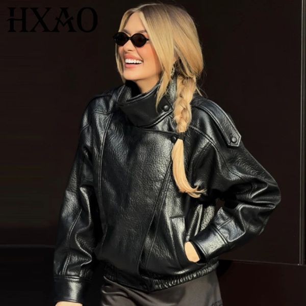HXAO Arrival Women's Bomber Jacket Leather Black Jackets Cropped Oversize Outerwears Zip-Up Long Sleeve Coats Outdoor Jacket