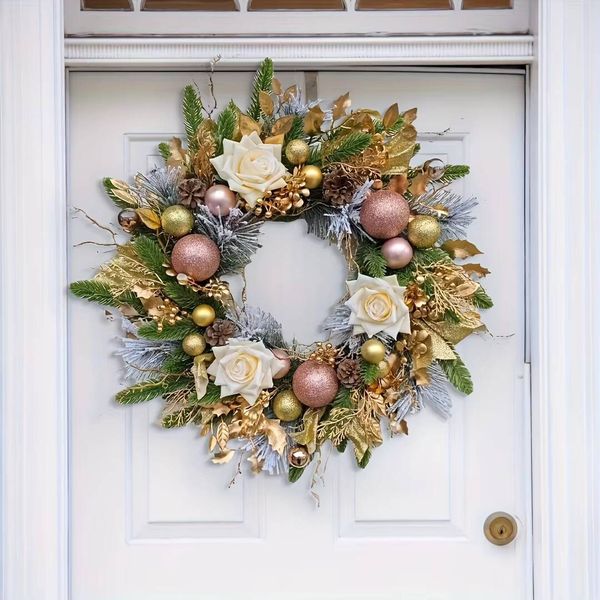 1-Piece Set, Bow Christmas Wreath 17.7Inch 20Inch Elegant Artificial Wreath Decorated With Faux Pinecones And Gold Leaves
