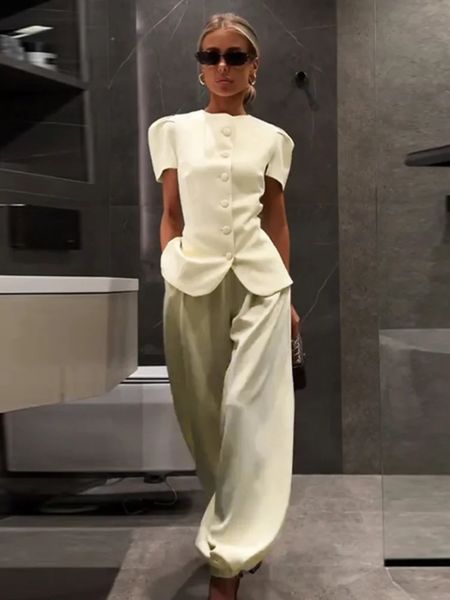 Fashion Womens Waist Cinched Blazer Pant Set O-neck Puff Sleeve Shirts Loose Lantern Pants 2026 Summer Lady Chic Commute Suit 260629