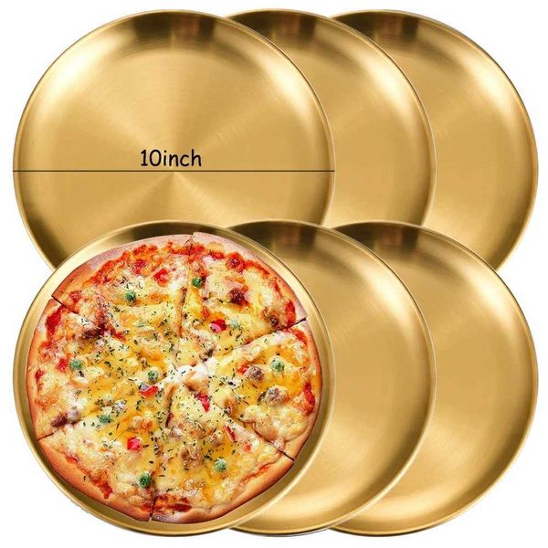 6Pcs Gold Stainless Steels Round Plate Rust-Proof Shallow Tray Plate Camping Plate BBQ Picnic Dishes CookwareZ260630