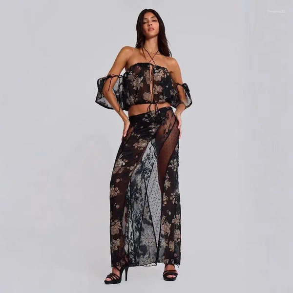 Skirts Jade Black Flower Splicing Mesh Skirt Lace Perspective Sexy Y2k Spicy Girl Style Half Length