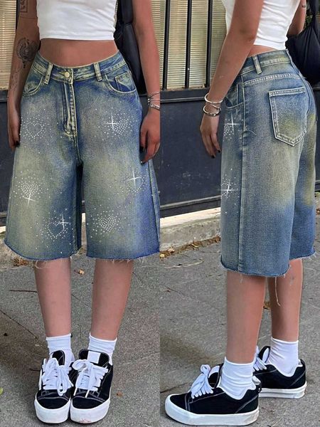 Jeans Shorts Women Female Jeans Denim Shorts Y2K Retro Slant Pocket Flared Hem Casual Wide Leg Summer M260630