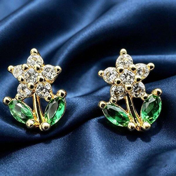 Luxury Sparkling Green Leaf Floral Zircon Stud Earrings for Women Gold Plated Party Wedding Birthday Romantic Jewelry Gift