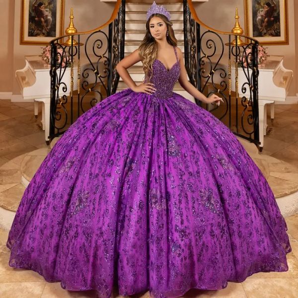 Deep purple thin strap dress covered in sequins, full-length floral print, Quinceanera adult princess gown