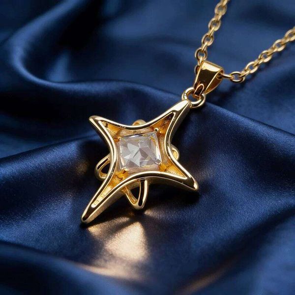 Light Luxury Copper Plated Four Pointed Star Square Zircon Pendant Necklace For Women Wedding Party Daily Fashion Gift