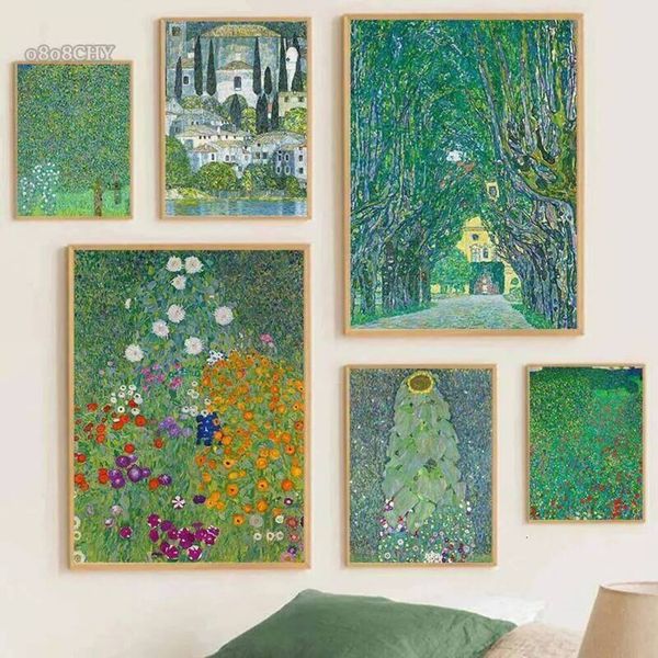 Painting Gustav Klimt Flower Garden Sunflowers Church Canvas Oil Painting Abstract Plants canvas Flowers Wall Art Poster Nordic Home Decor Mural Wall T2