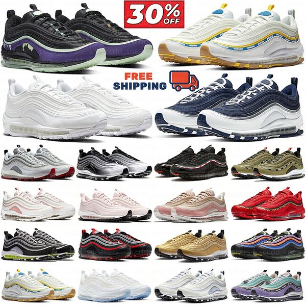 Free Shipping Designer 97 97s running sneakers Jesus Satan Futura Triple Black White silver Cream Olive Volt Crucifix Bred Neon Aurora Green Gym Mens Women hots