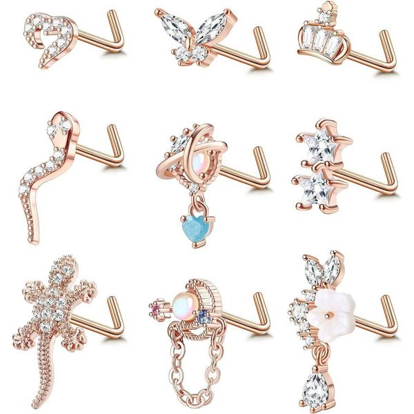 FASACCO 9 Pcs 20G Rose Gold Plated Nose Stud Women L/S Shaped Cubic Zirconia Dangle Piercing Jewelry Butterfly Heart Star Flower C2601013
