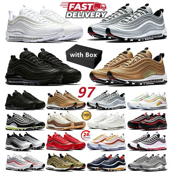 97s Designer Running Shoes 97 Triple White Black Blue Reflective Bred Sean Red Leopard Volt Men Women Trainers Outdoor Sports Sneakers 36-46