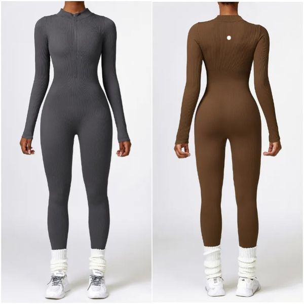 Women Jumpsuits LM6953 Yoga Outfits Long Sleeve Ribbed Close-fitting Dance Bodysuit Long Pants Breathable Leggings Autumn Set