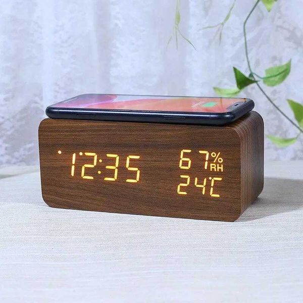 Desk Digital Clock Wooden Alarm Clock Wireless Charging Clok for Table Bedroom Office LED Display Thermometer Humidity Clock Y240904