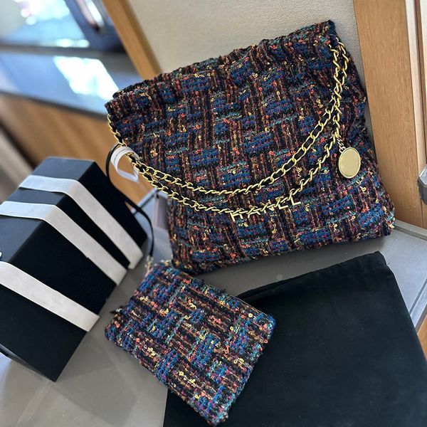 Designer 30cm Knitted Tweed Ladies Shopping Bag Colorful Striped Embellishing Gold Coin Charm Matilas Chain Large Capacity Shoulder Bag Crossbody Bag, Black
Designer 30cm Knitted Tweed Ladies Shopping Bag Colorful Striped Embellishing Gold Coin Charm Matilas Chain Large Capacity Shoulder Bag Crossbody Bag, Black