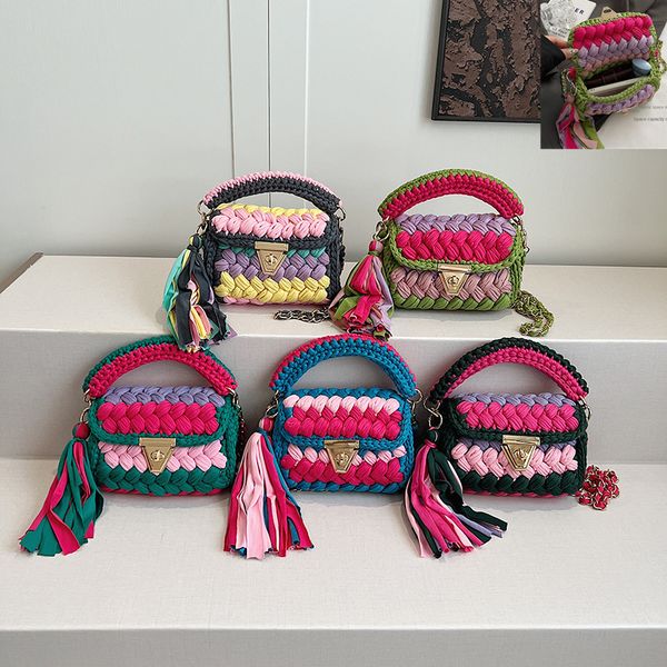 Fashion woven bag sweet colored cotton women's chain bag flip gold buckle handbag classic hand-woven messenger bag foreign tassel backpack 5 colors wholesale, Black
Fashion woven bag sweet colored cotton women's chain bag flip gold buckle handbag classic hand-woven messenger bag foreign tassel backpack 5 colors wholesale, Black