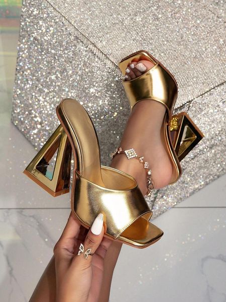 Golden High-Heeled Mules With Unusual Heels Trendy And Versatile Summer New Slipper Sandals For Women, Gold
Golden High-Heeled Mules With Unusual Heels Trendy And Versatile Summer New Slipper Sandals For Women, Gold