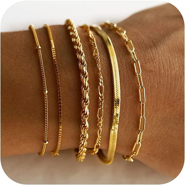 Gold Bracelets for Women Waterproof Bracelet 14K Real Gold Jewellery Sets for Women Trendy Thin Dainty Stackable Cuban Link Paperclip Chain Bracelet Pack