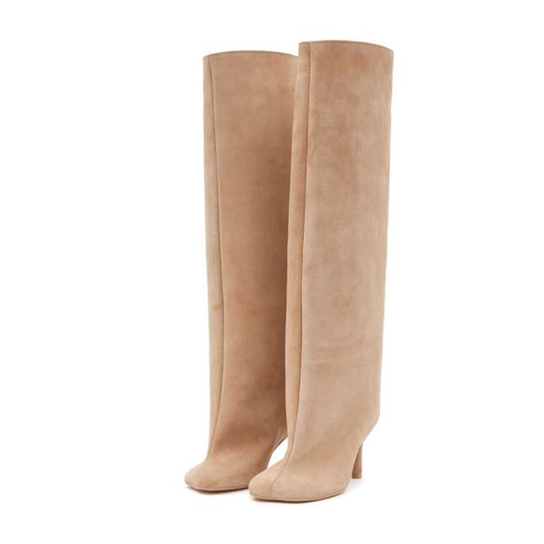 Womens Nude Suede Knee High Square Toe Wide Calnd Foot Pull On Stiletto Heels Fashion Dress Tall Riding Boots Ladies Z251112