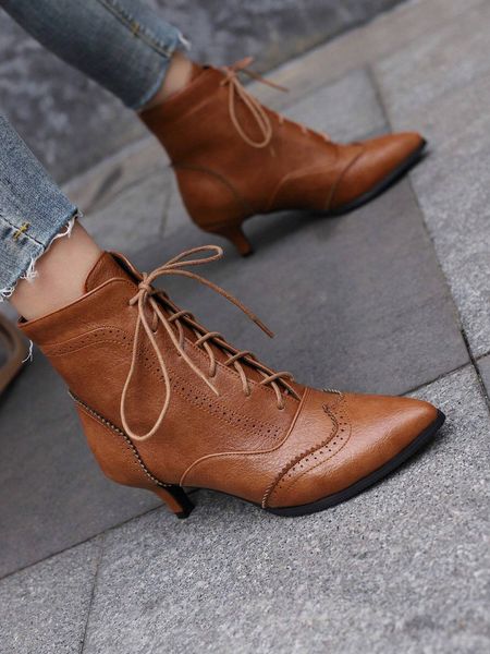Brown Kitten Heel Pointed Toe Lace-Up PU Short Boots For Women
Brown Kitten Heel Pointed Toe Lace-Up PU Short Boots For Women