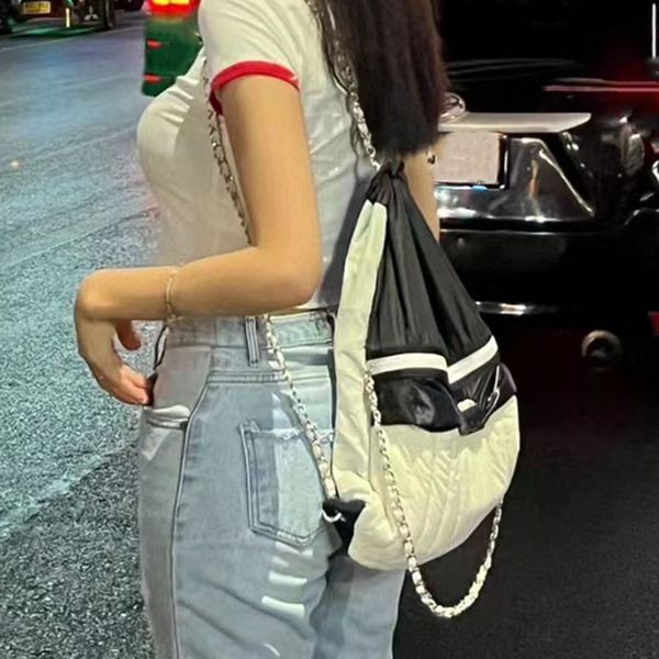Designer Ladies Nylon Color Matching Backpack Gold Hardware Metal Buckle Luxury Handbag Drawstring Elastic Chain Crossbody Bag Purse Makeup Bag 31x40cm, Black
Designer Ladies Nylon Color Matching Backpack Gold Hardware Metal Buckle Luxury Handbag Drawstring Elastic Chain Crossbody Bag Purse Makeup Bag 31x40cm, Black
