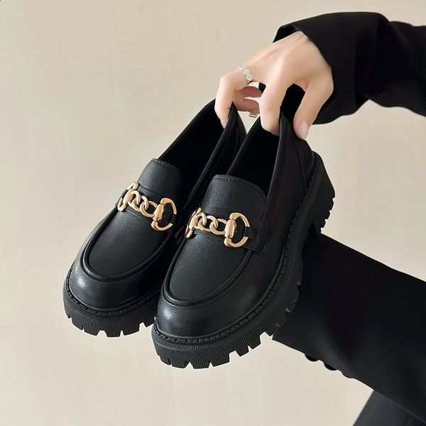 Loafers women's fashionable Mary Janes round toe flat Loafers Oxford platform casual metal chain buckle women's high heels