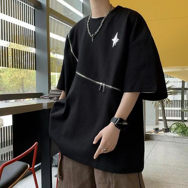 American high street dark niche design zipper designer T-shirt men's ins fashion brand handsome loose half-sleeve shirt