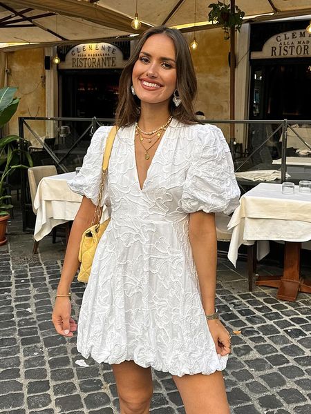 Embroidered Puff Short Sleeved White Dress Women Elegant — compare prices at CompareOffers