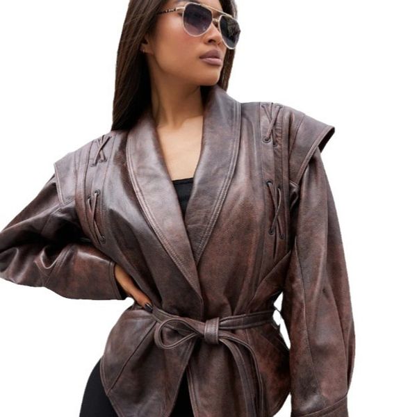 Fall 2024 European and American cross-border spot fashion temperament lapel tie long sleeved jacket leather jacket clip Commuting style, Coffee
Fall 2024 European and American cross-border spot fashion temperament lapel tie long sleeved jacket leather jacket clip Commuting style, Coffee