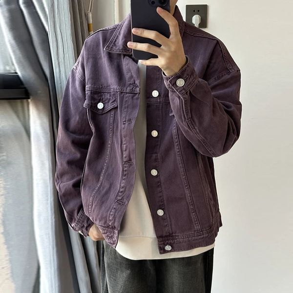 Mens Retro Washed Purple Denim Jacket Street Clothing Item Pocket Button Up Shi…