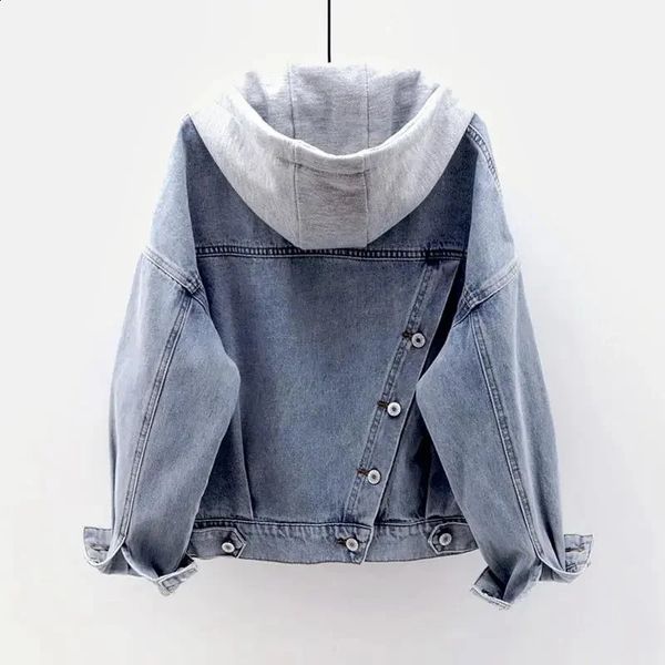 Blue hooded lapel denim jacket for women loose button patchwork 240921
