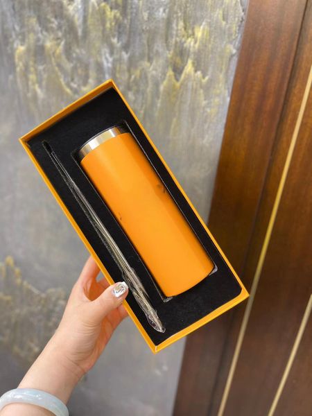 Luxury Designer Decor Cup Stainless Steel Multi Color Classic Letter Insulated Blue Straw Student Portable Water Cup Gift Box Free Shipping