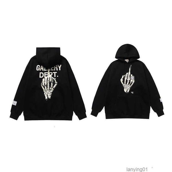 Galleries Mens Women Hoodie Fashion Depts Designer Los Angeles Autumn and Winter New Design Finger Skeleton Head Printed Velvet Hooded Sweater for Men, Black
