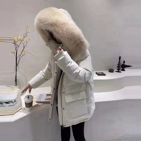 Solid Women's Winter Down Jacket with Fur Collar Zip UP Long Sleeve Women's Down Jacket with Hood Black White Casual Coats Down