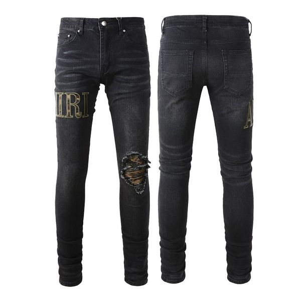 

Men high street slim fit denim pants youth hole patch jeans kids amiryes letter embroidery usa size black