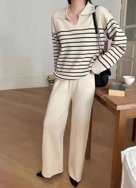 Spring Women Sweater Set Casual Pullovers Suits Striped Color Contrast Knitted Long Sleeve Elegance Tops Wide Leg Pants 240106