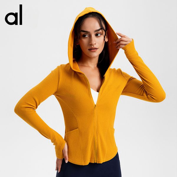 

AL Yoga Hoodies Ribbed Corset Full Zip Jacket Long-sleeve Hooded Jackets Slim-fit Hip-length Sweatshirts Seamless Cable Knit Coats Jogger Sweattops with Thumb, Yellow