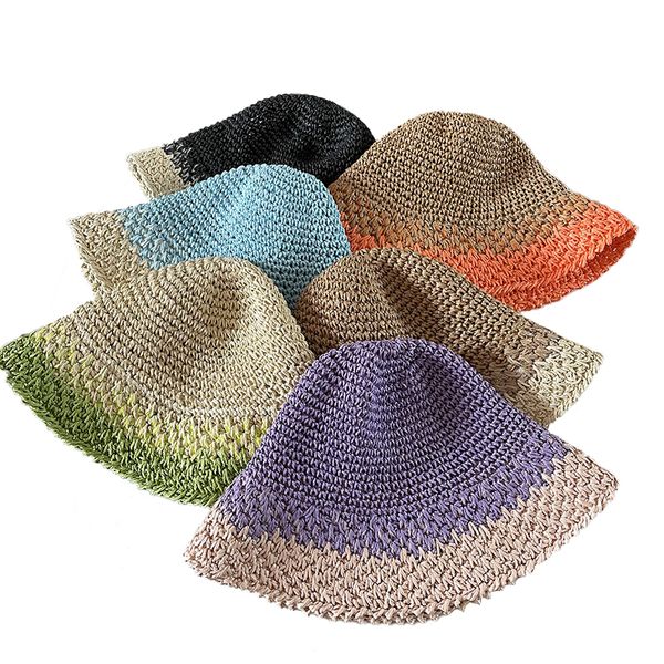 

spring Summer Sun Hat Straw Woven Handmade Crochet Bucket Straw Hat Color Gradient Contrast panama Beach Fisherman Hat, Orange
