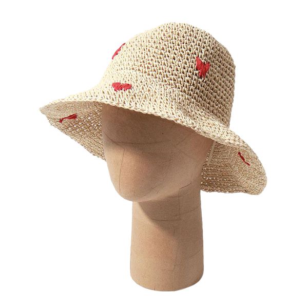 

women Sun Strawberry Heart Cherry Woven crochet Fisherman Hat Beach UV Protection Caps Fresh Bucket Breathable Straw Hat, Beige