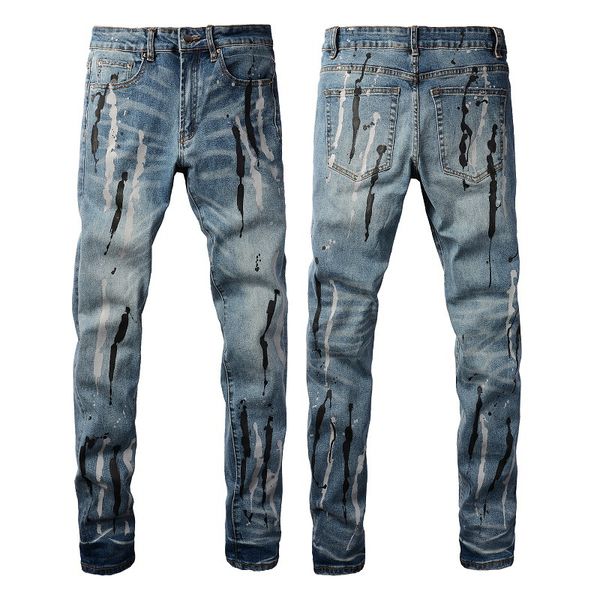 

Usa Hip Hop Youth Washed Elastic Graffiti Flowing Splash Ink Hole Jeans Slim Fit Man Denim Amiryes 5XL, Dark blue