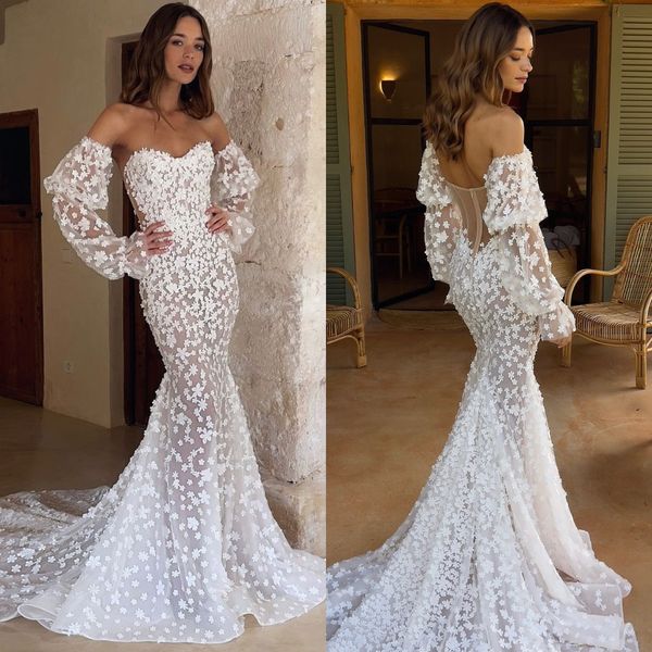 Boho Mermaid Lace Dresses Sweetheart Designer Dress Appliques Illusion Back Sweep Train Wedding Bridal Gowns