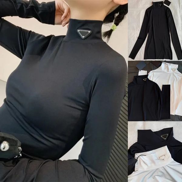 

Designers Womens Letter T-shirt Long Sleeved Base High collar Shirt Black White Colors Tees Ladies Shorts Clothes Classic Elastic Slim Tops Cropped SML, Black high collar