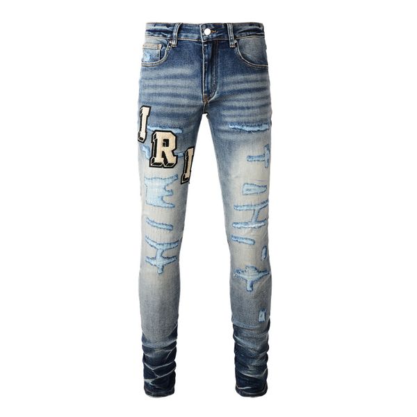

Usa Casual Man Washed Stretch Pencil Pants Cloth Stickers Letters Blue Old Ripped Jeans Amiryes Plus Size Youth