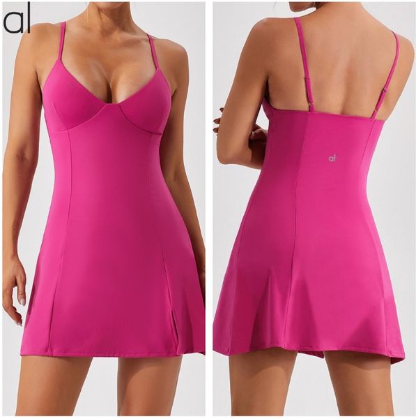 

AL-0052 Yoga Thin Strap Dress Tennis Tank Top Dresses with Chest Pads High Elastic Slim Fit Sweat-wicking Breathable Sports Skirts for Outdoor Leisure Fitness, Rose